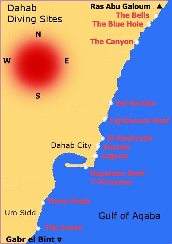 Our Favorite Diving Sites of Dahab from North to South - Descriptions Below the Map
